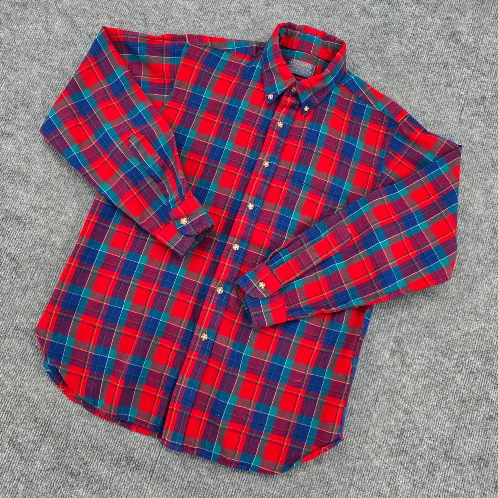 Pendleton Mens Large Red Blue Plaid Wool Flannel Button Down Shirt Made in USA